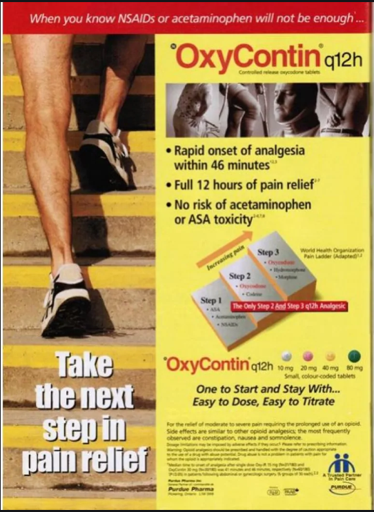 A poster advertising Oxycontin as "the next step in pain relief" to Canadian markets.